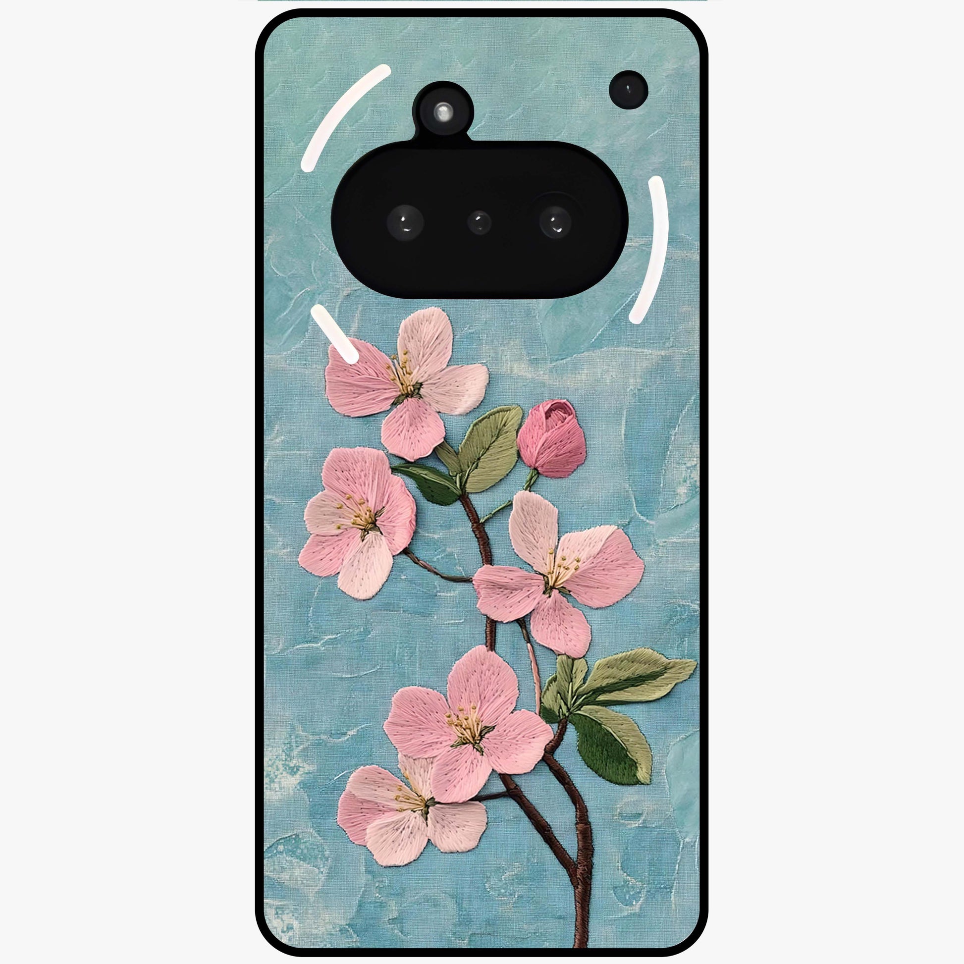 Threaded Blossom Breeze Glass Case showing flat back view with delicate blossom artwork and glossy glass finish.