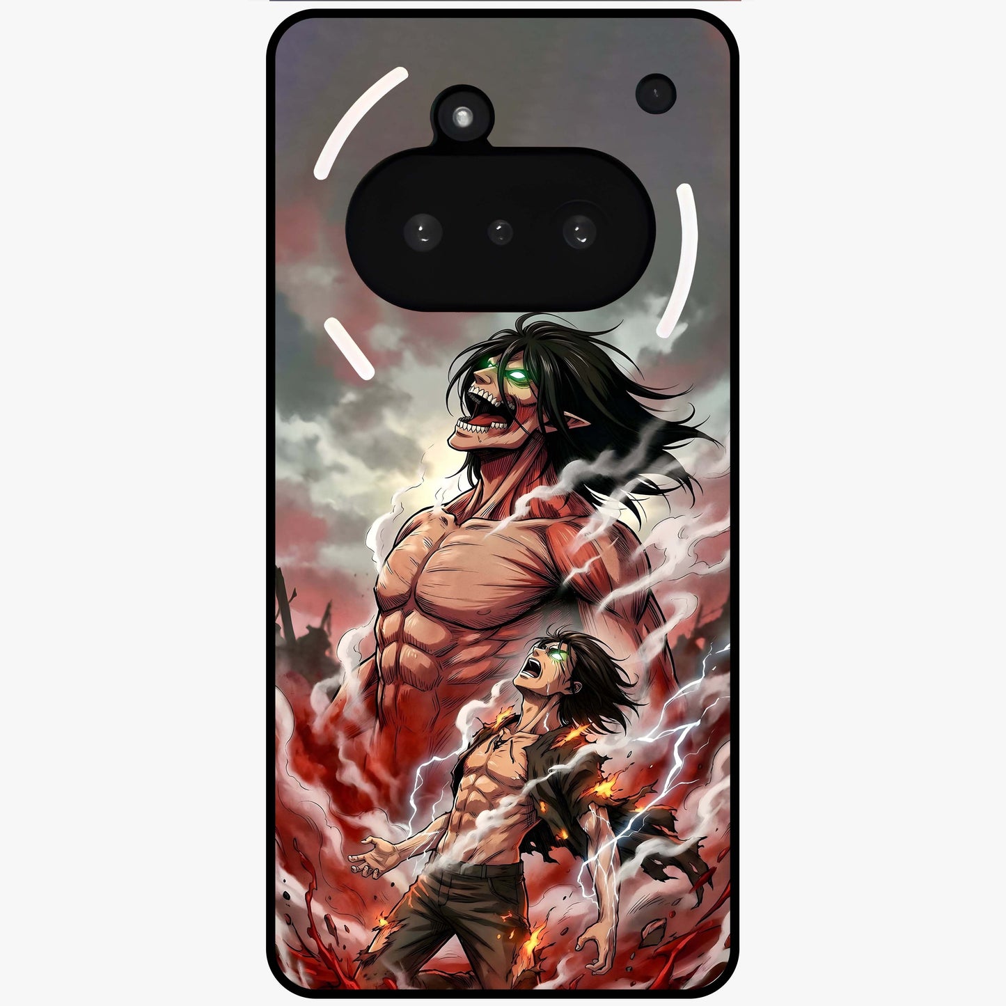 Titan Awakening Fury Glass Case showing flat back view with powerful titan inspired artwork and glossy glass finish.