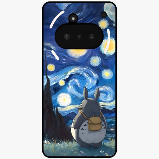 Totoro In Van Gogh Art Glass Case showing flat back view with whimsical character artwork inspired by Van Gogh style and glossy glass finish.