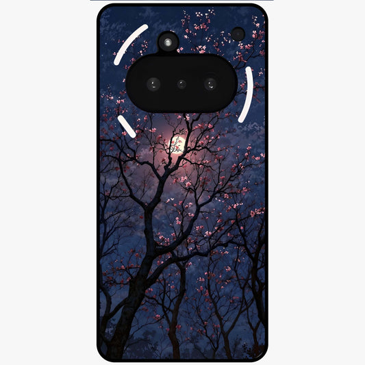 Twilight Sakura Serenade Glass Case showing flat back view with cherry blossom artwork at twilight and glossy glass finish.
