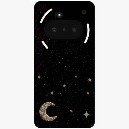 Twinkle Star With Half Moon Glass Case showing flat back view with star and half moon artwork and glossy glass finish.