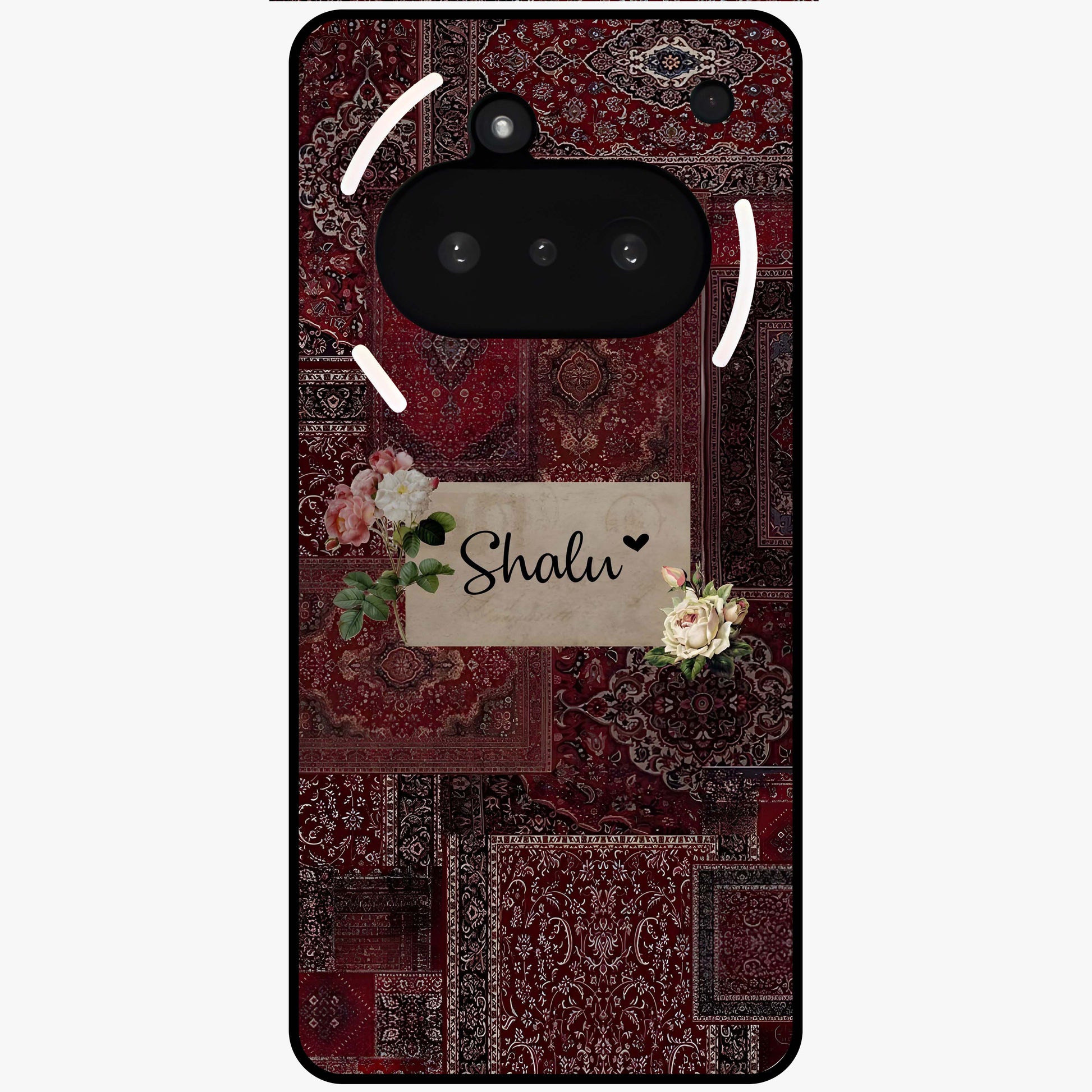 Velvet Wine Pattern Custom Name Glass Case showing flat back view with elegant wine colored pattern artwork and personalized name design.