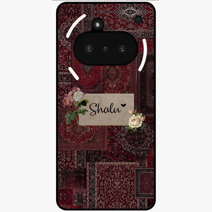 Velvet Wine Pattern Custom Name Glass Case showing flat back view with elegant wine colored pattern artwork and personalized name design.