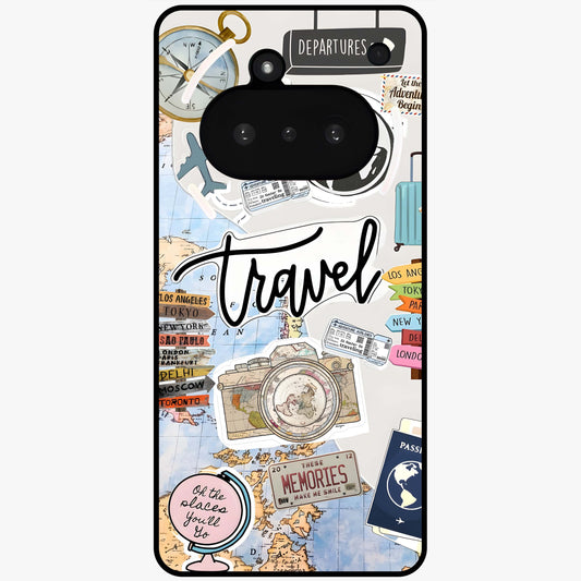 Wanderlust Journal Glass Case showing flat back view with travel inspired artwork and glossy glass finish.