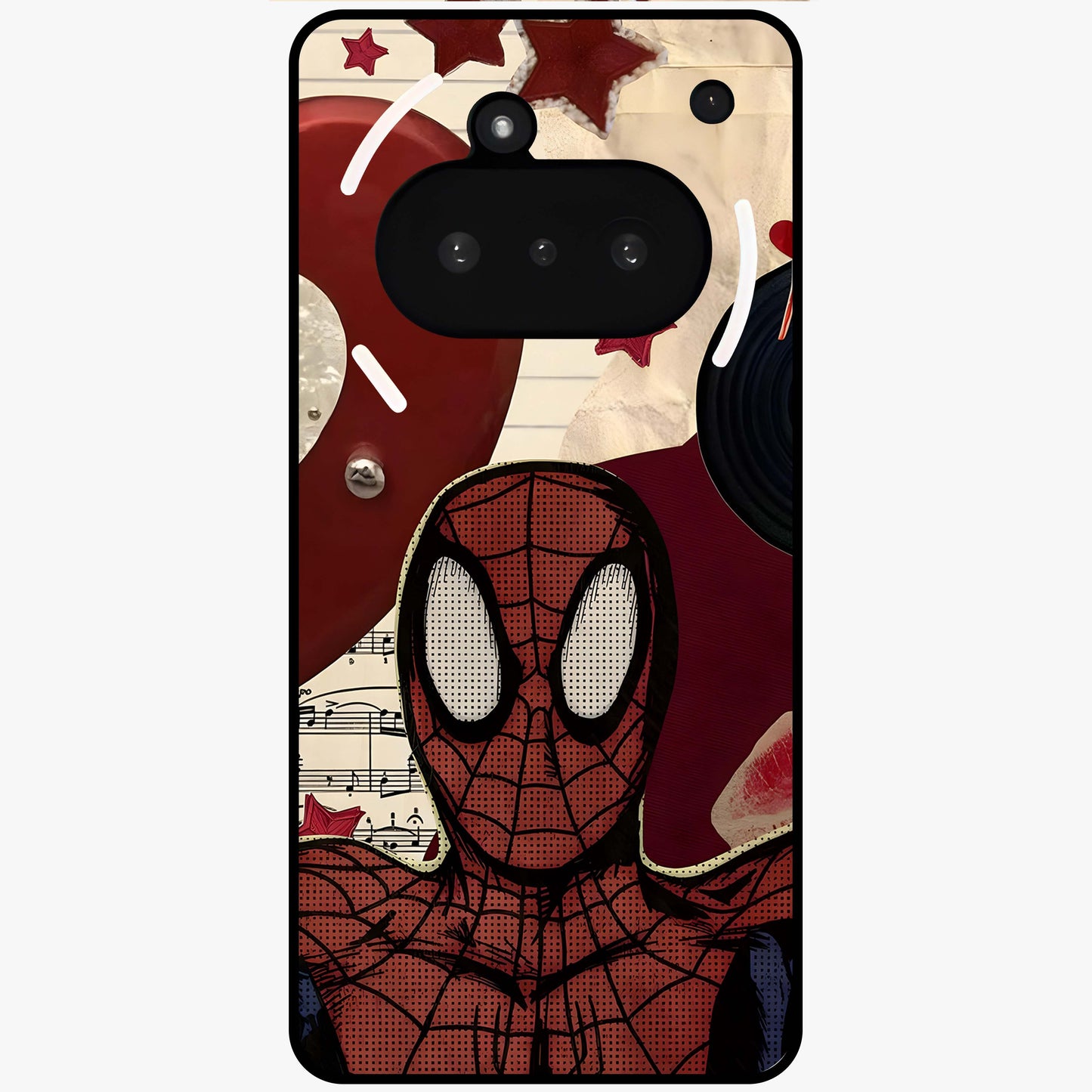 Web Warrior Vibes Glass Case showing flat back view with superhero inspired web themed artwork and glossy glass finish.