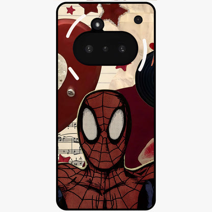 Web Warrior Vibes Glass Case showing flat back view with superhero inspired web themed artwork and glossy glass finish.