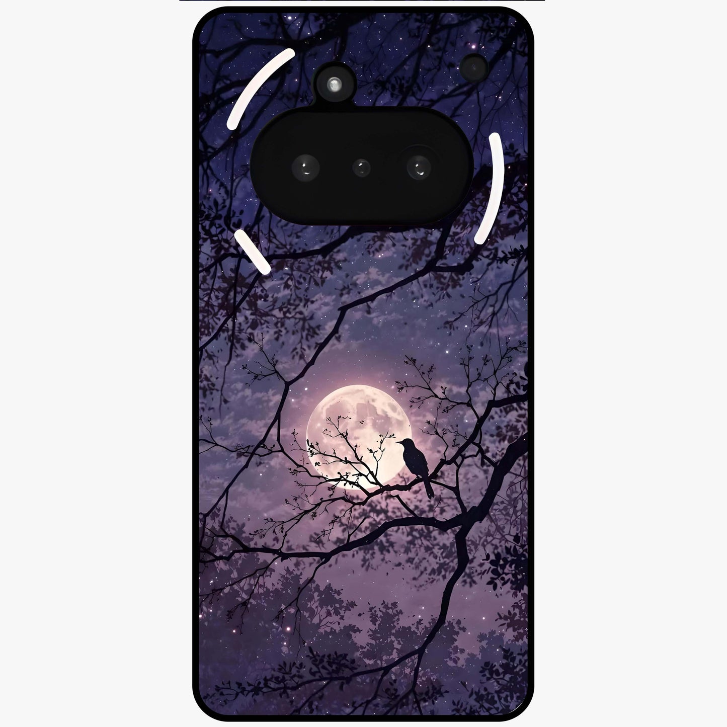Whispering Moon Silence Glass Case showing flat back view with serene moon themed artwork and glossy glass finish.