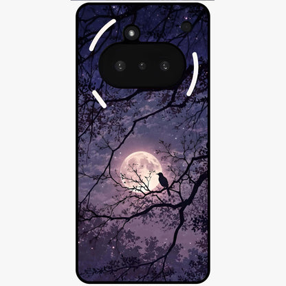 Whispering Moon Silence Glass Case showing flat back view with serene moon themed artwork and glossy glass finish.