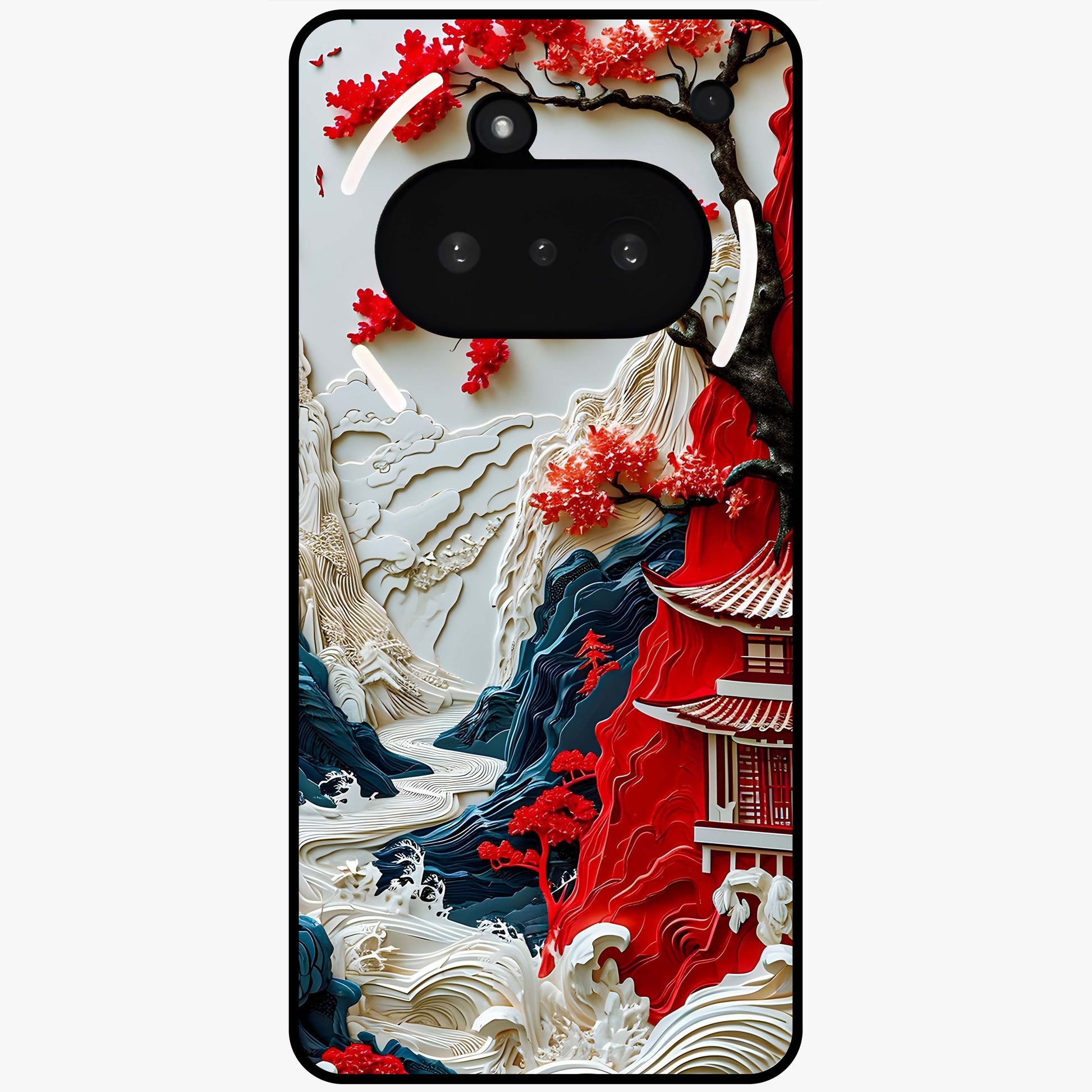 Whispers Of Sakura Waves Glass Case showing flat back view with cherry blossom wave artwork and glossy glass finish.
