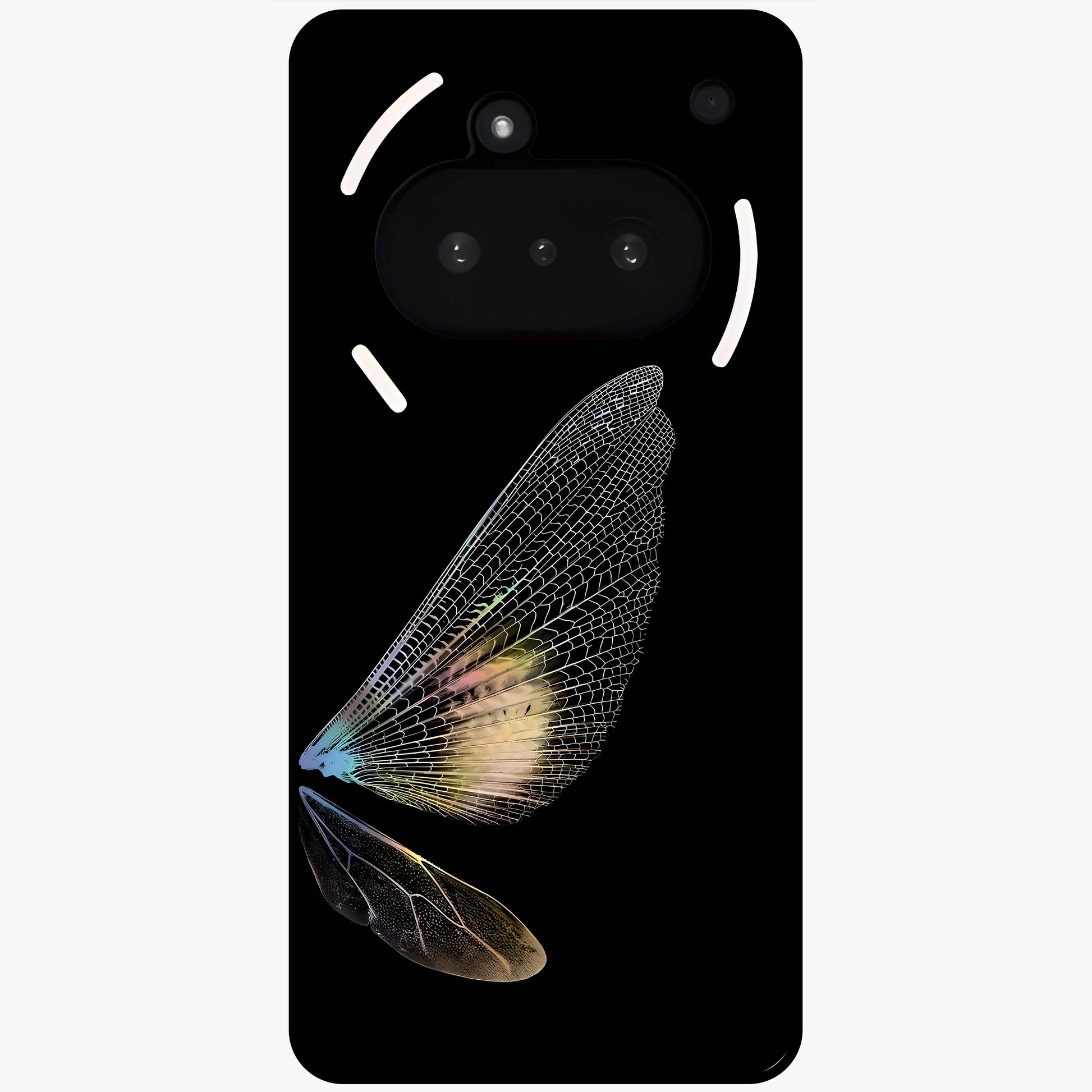 Whispers Of Wings Glass Case showing flat back view with graceful wing inspired artwork and glossy glass finish.