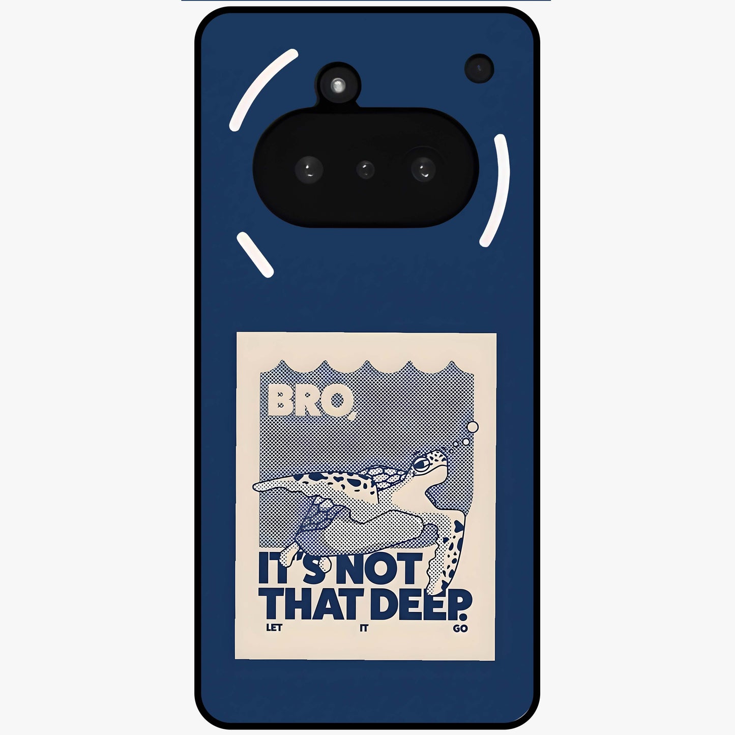 Worry Less Swim Glass Case showing flat back view with playful motivational artwork and glossy glass finish.