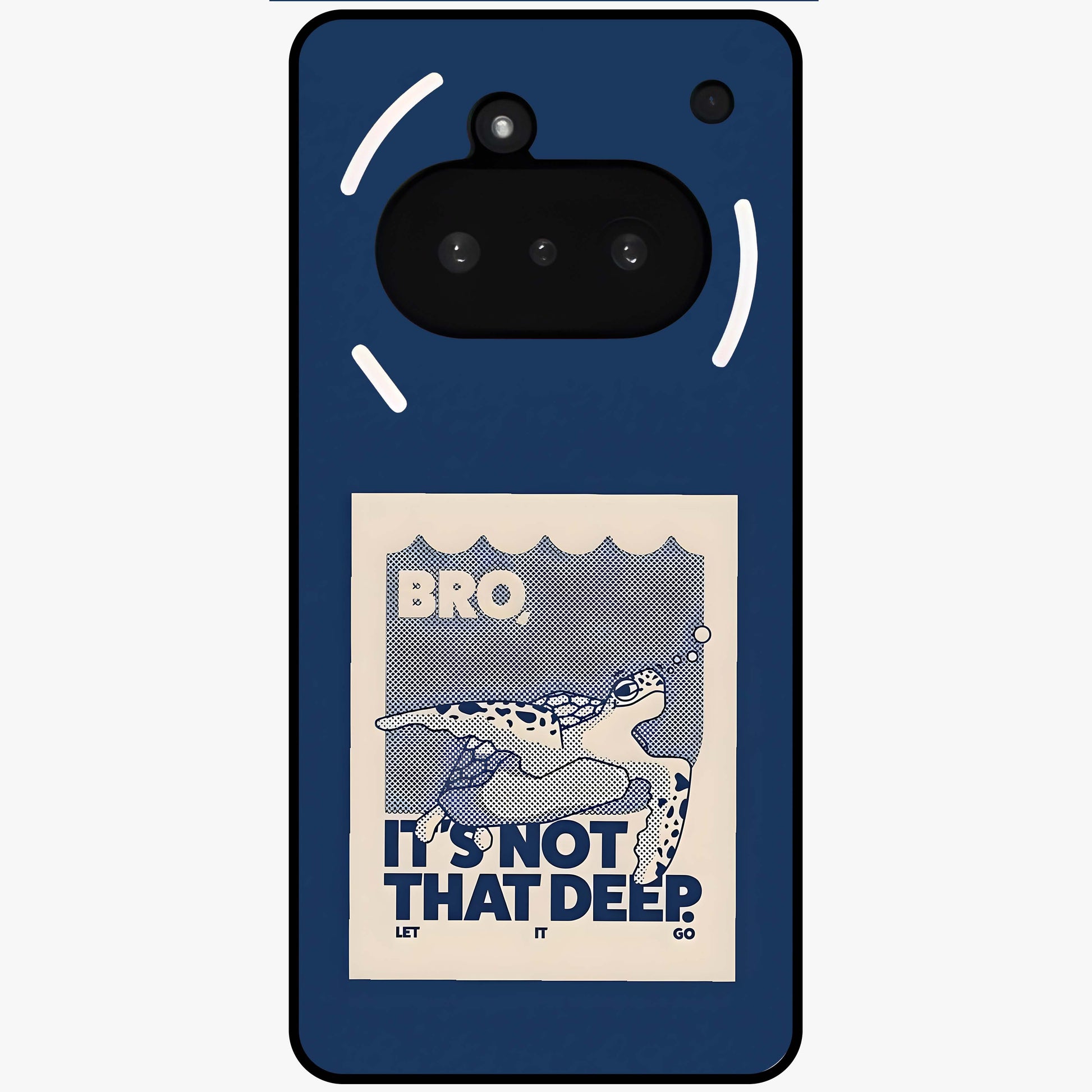 Worry Less Swim Glass Case showing flat back view with playful motivational artwork and glossy glass finish.