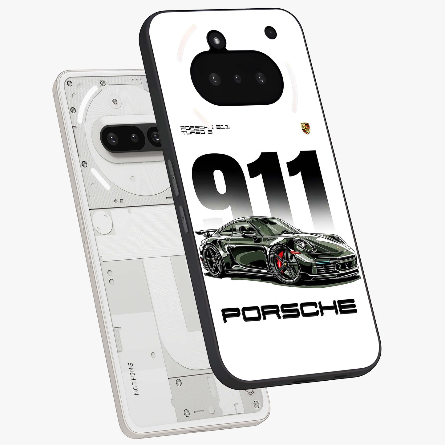 911 Turbo Dominance Glass Case displayed in premium angled mockup highlighting sporty car illustration and sleek glass surface.