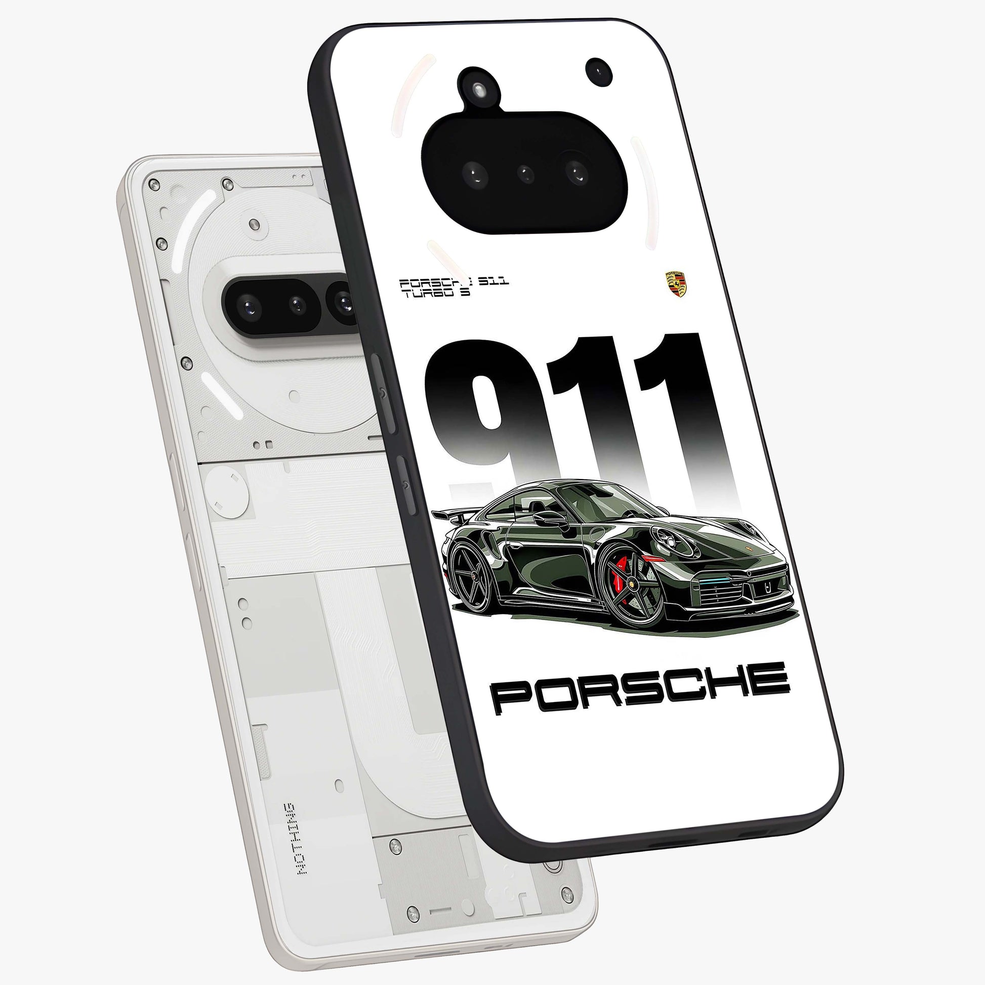 911 Turbo Dominance Glass Case displayed in premium angled mockup highlighting sporty car illustration and sleek glass surface.