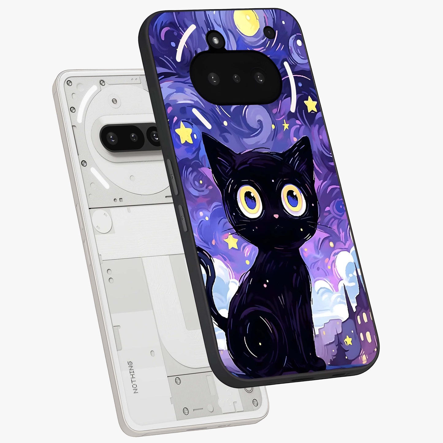 Abstract Cat Art Glass Case displayed in angled mockup highlighting modern abstract cat artwork and sleek glass surface.