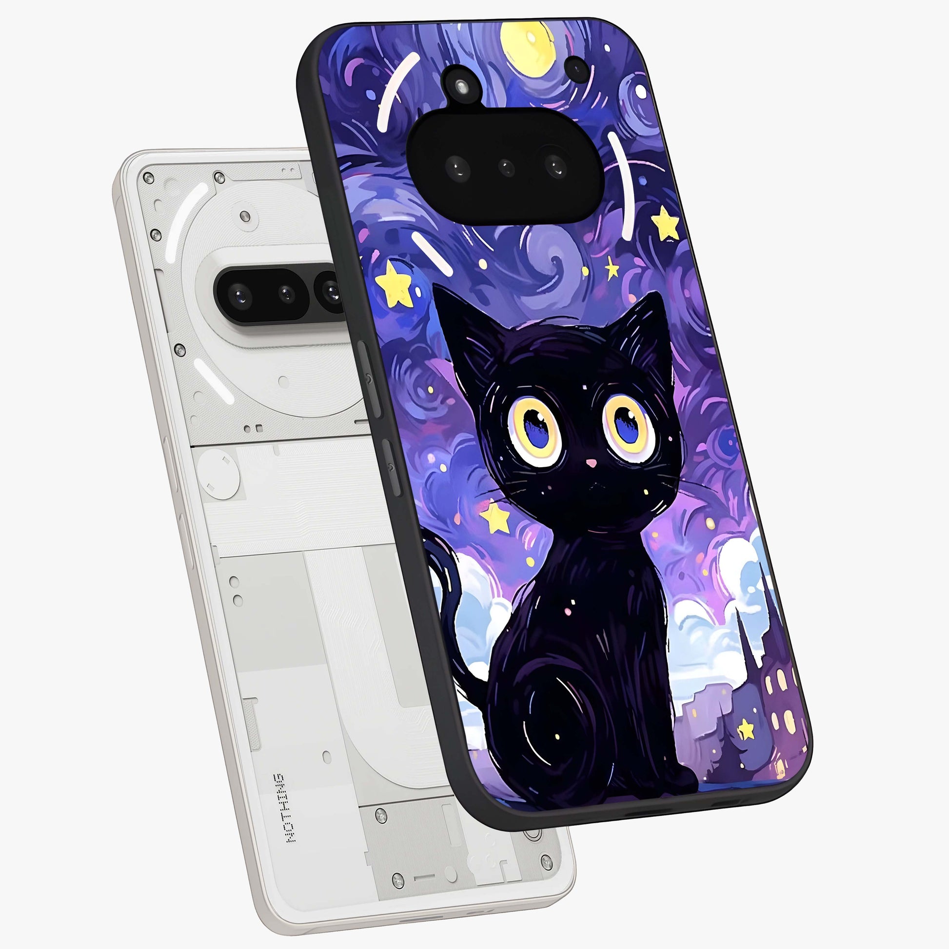 Abstract Cat Art Glass Case displayed in angled mockup highlighting modern abstract cat artwork and sleek glass surface.