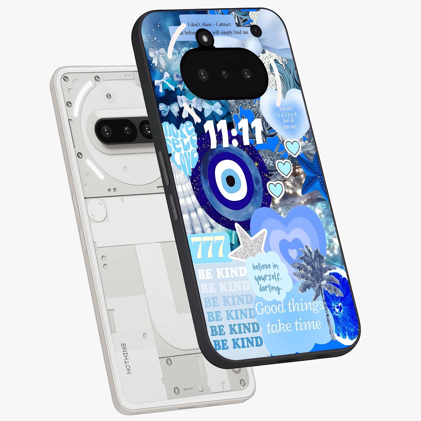 Aesthetic Be Kind Eye Glass Case displayed in angled mockup highlighting aesthetic eye design and inspirational vibe.