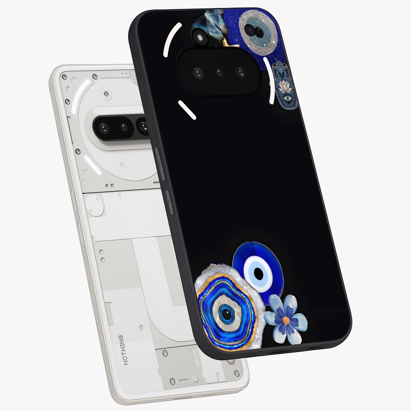 Aesthetic Blue Evil Eye Glass Case displayed in angled mockup highlighting blue evil eye symbol and spiritual aesthetic design.