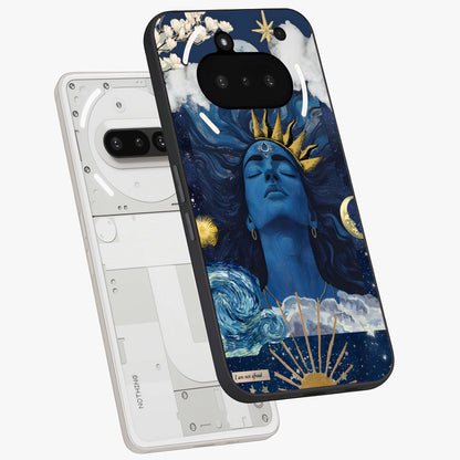 Aesthetic Lord Shiva Glass Case displayed in angled mockup highlighting spiritual Shiva illustration and sacred aesthetic design.