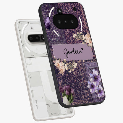 Antique Floral Whisper Custom Name Glass Case displayed in angled mockup highlighting elegant antique floral aesthetic.