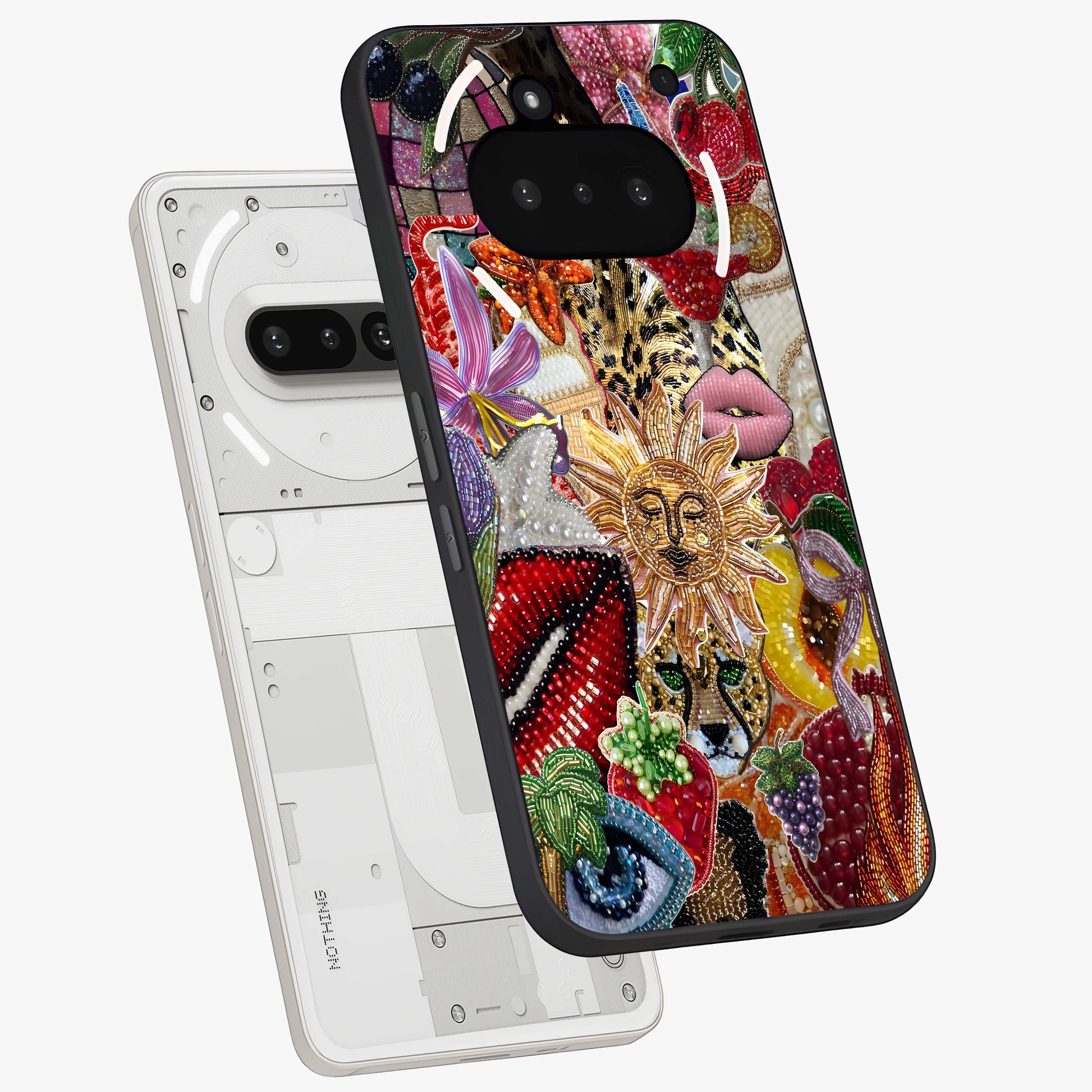 Beaded Fashion Jungle Glass Case displayed in angled mockup highlighting colorful fashion bead design and artistic pattern.