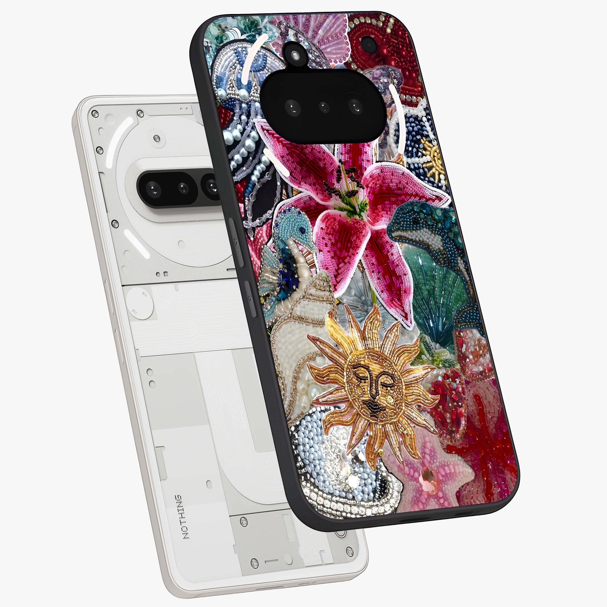 Beaded Garden Fantasy Glass Case displayed in angled mockup highlighting fantasy inspired floral bead pattern.