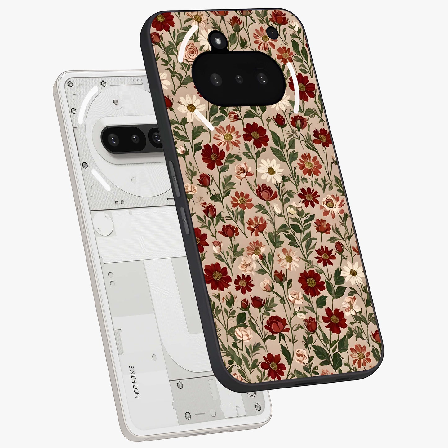 Biege Flower With Leaf Glass Case displayed in angled mockup highlighting minimal floral leaf design and elegant aesthetic.