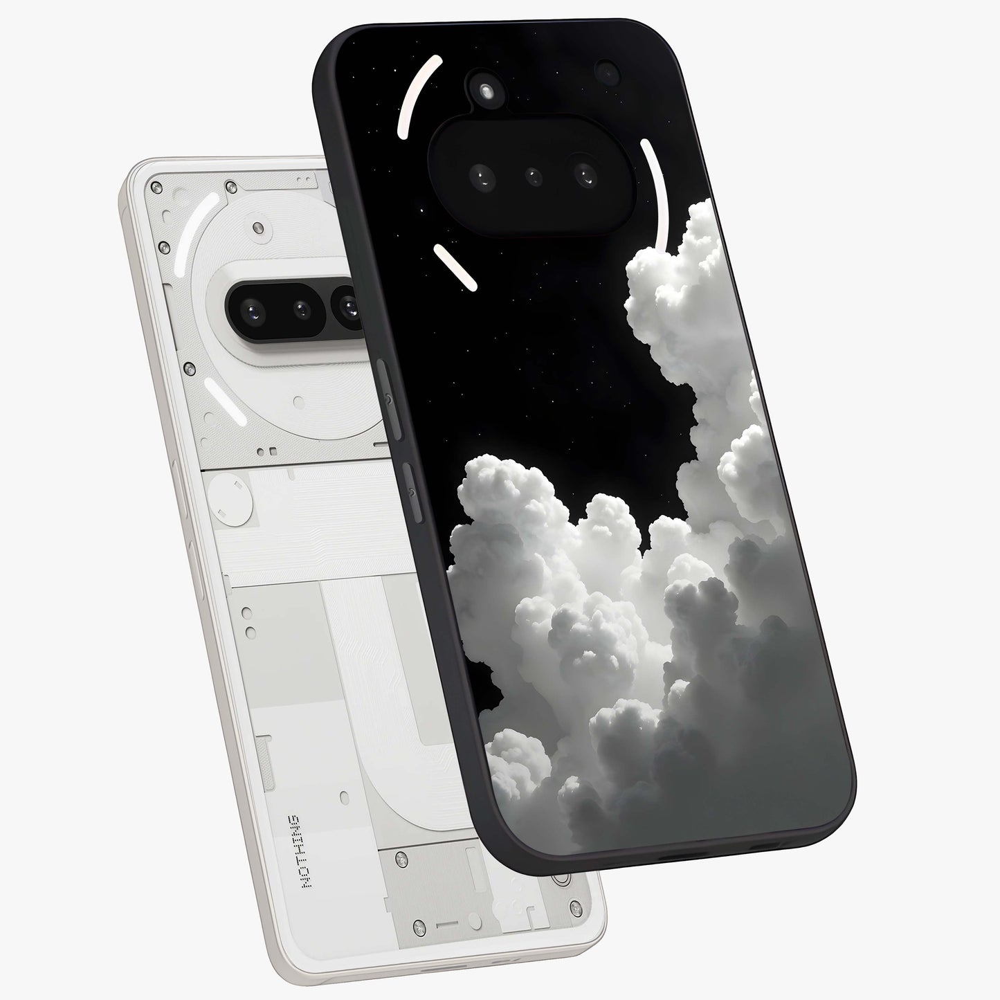 Black Background With White Cloud Glass Case displayed in angled mockup highlighting soft white cloud illustration and minimal design.
