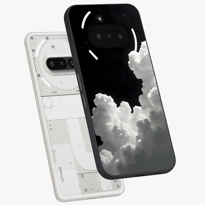 Black Background With White Cloud Glass Case displayed in angled mockup highlighting soft white cloud illustration and minimal design.