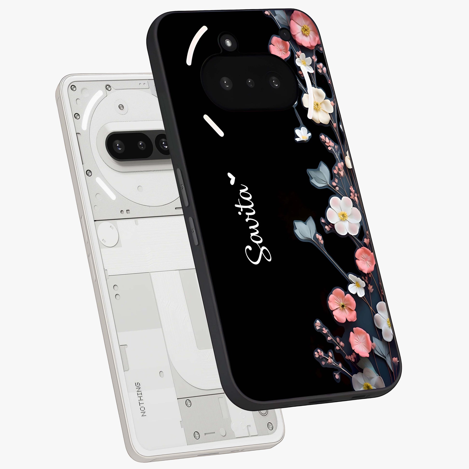 Black Elegance Floral Custom Name Glass Case displayed in angled mockup highlighting dark floral aesthetic and custom name feature.
