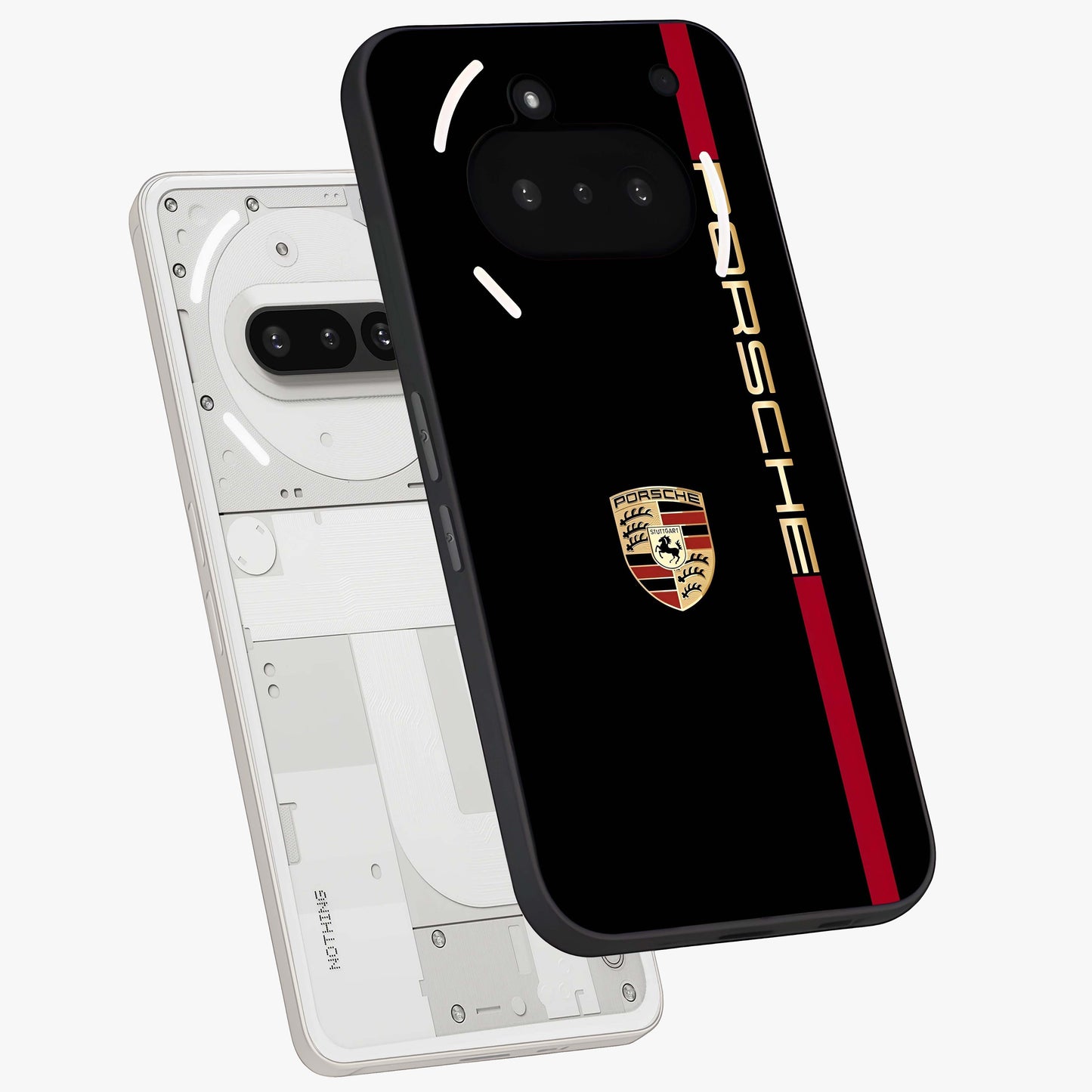 Black Minimal Porsche Glass Case displayed in angled mockup highlighting modern minimal car illustration and clean aesthetic design.
