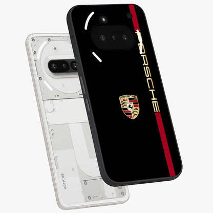 Black Minimal Porsche Glass Case displayed in angled mockup highlighting modern minimal car illustration and clean aesthetic design.