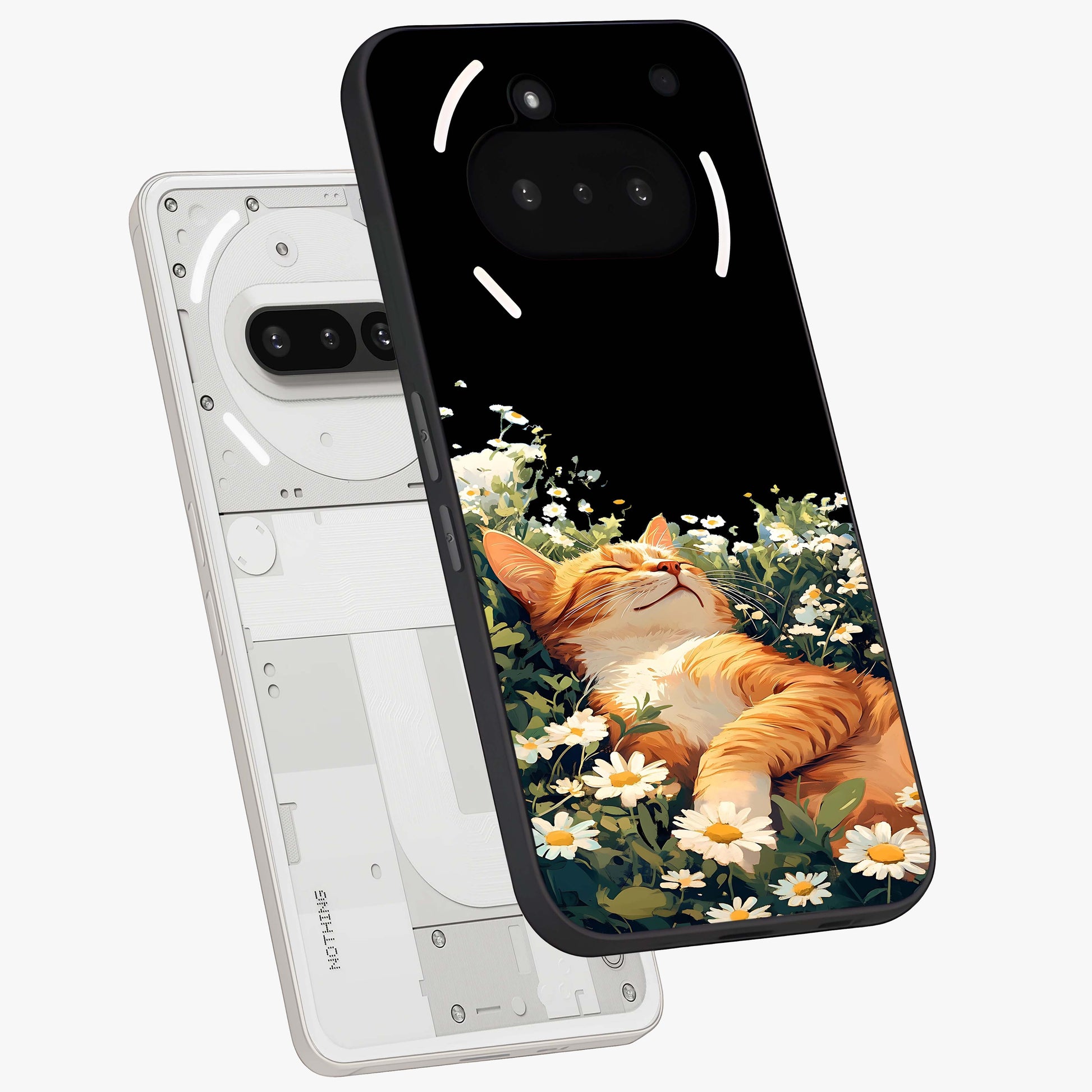 Blissful Bloom Cat Glass Case displayed in angled mockup highlighting playful feline illustration with soft floral aesthetic.