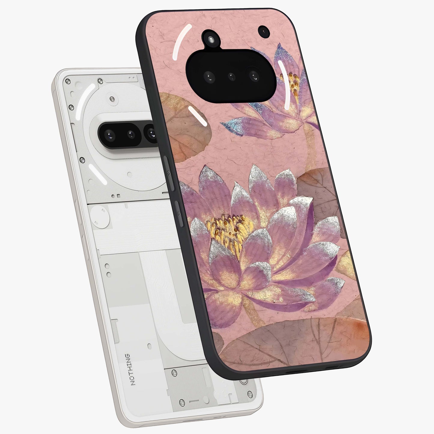 Blossom Mist Lotus Glass Case displayed in angled mockup highlighting delicate lotus illustration with calm aesthetic theme.