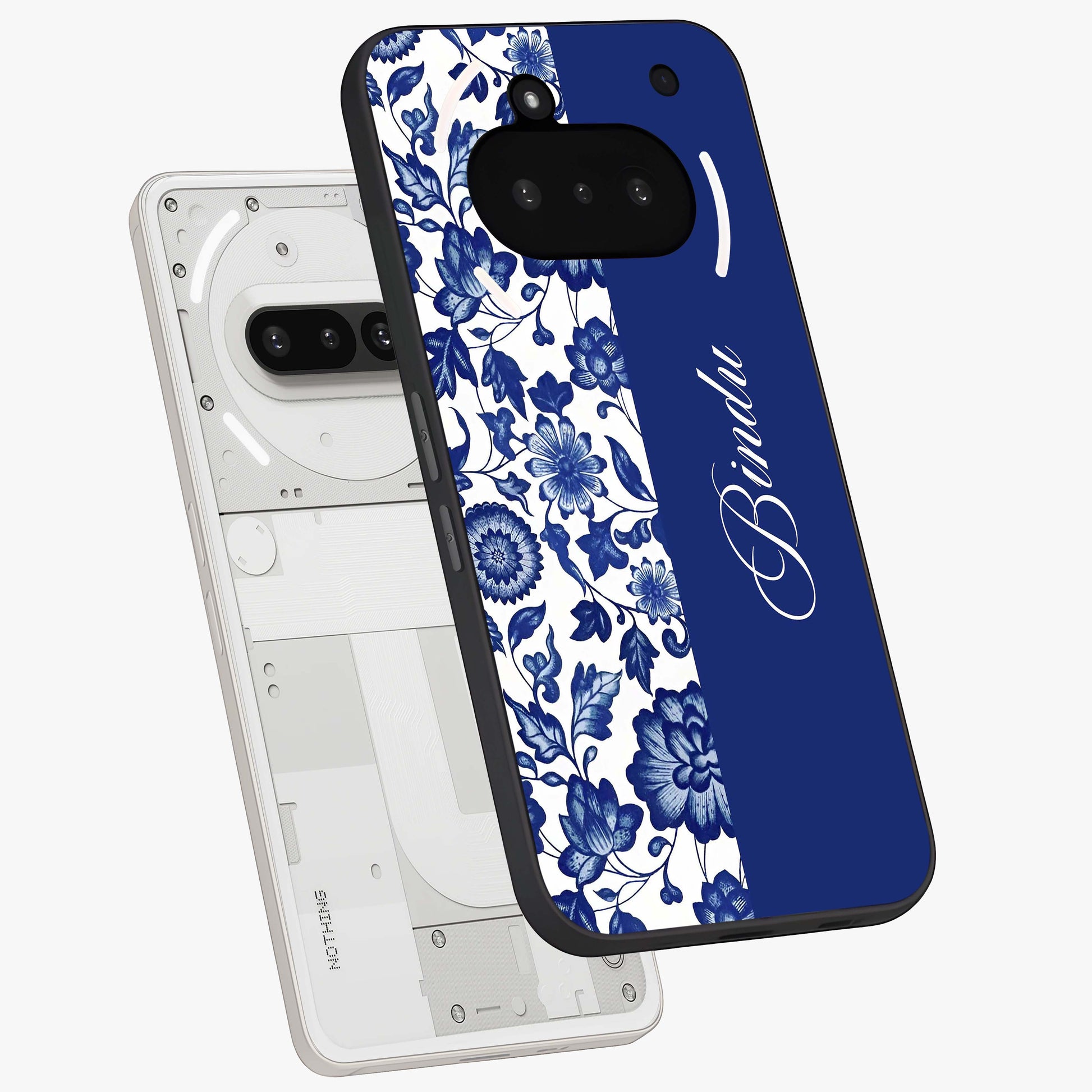 Blue Vintage Floral Pattern Glass Case displayed in angled mockup highlighting subtle bloom pattern with aesthetic pastel design.