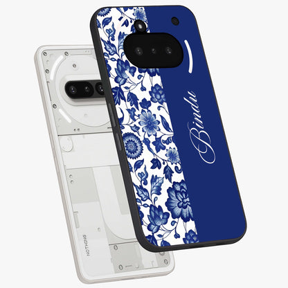 Blue Vintage Floral Pattern Glass Case displayed in angled mockup highlighting subtle bloom pattern with aesthetic pastel design.
