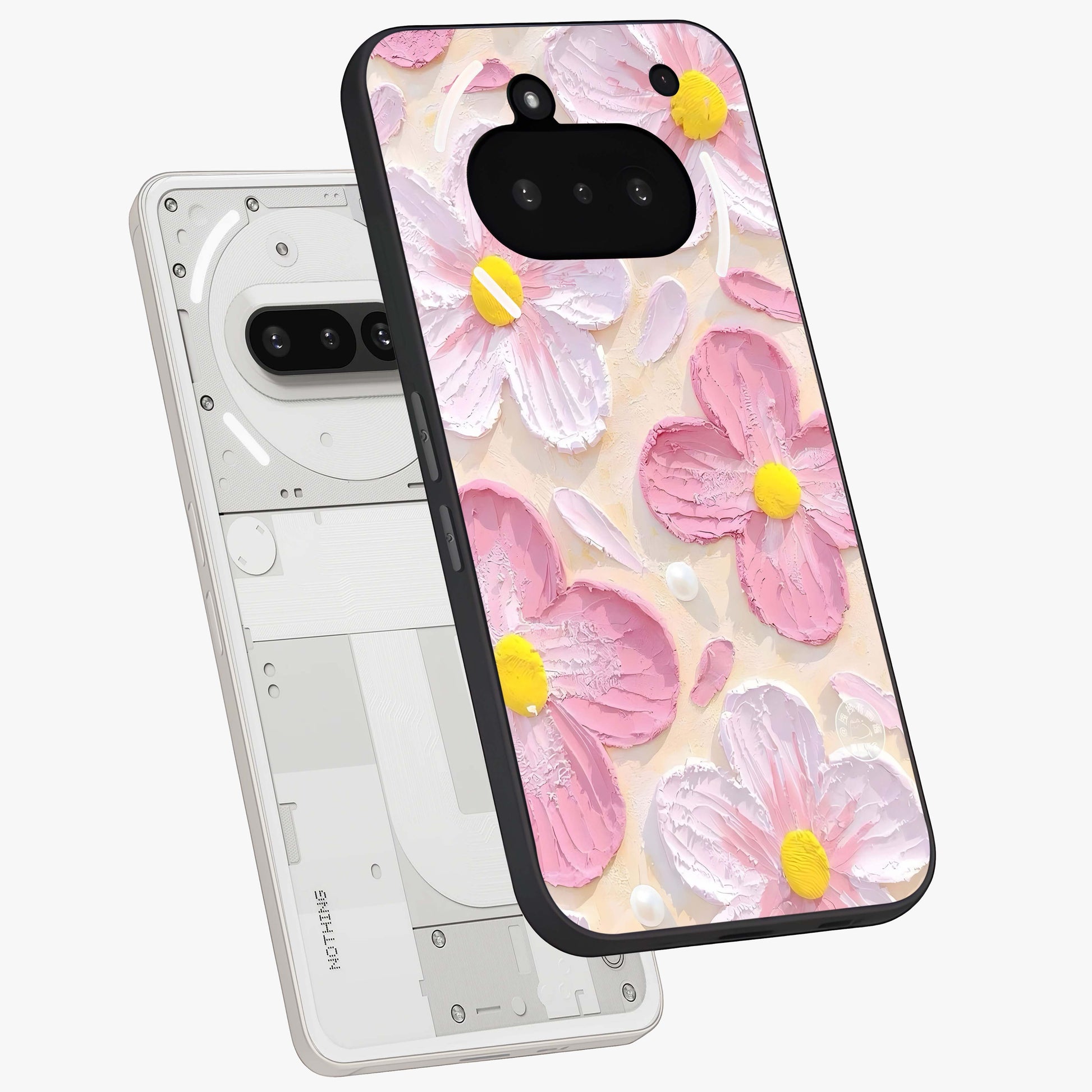 Blush Bloom Texture Glass Case displayed in angled mockup highlighting subtle bloom pattern with aesthetic pastel design.