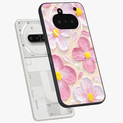 Blush Bloom Texture Glass Case displayed in angled mockup highlighting subtle bloom pattern with aesthetic pastel design.
