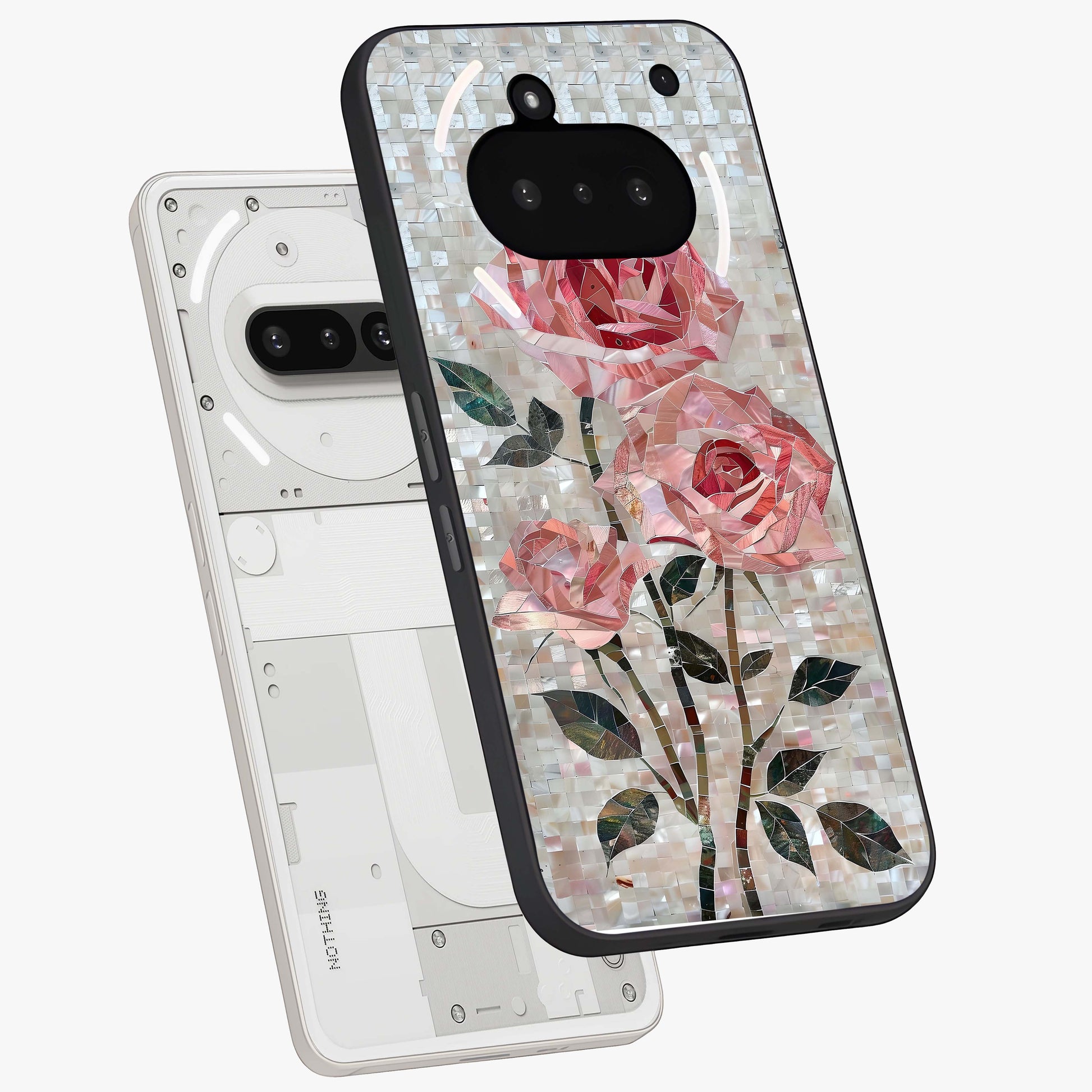 Blush Mosaic Bloom Glass Case displayed in angled mockup highlighting artistic mosaic flower pattern with aesthetic design.