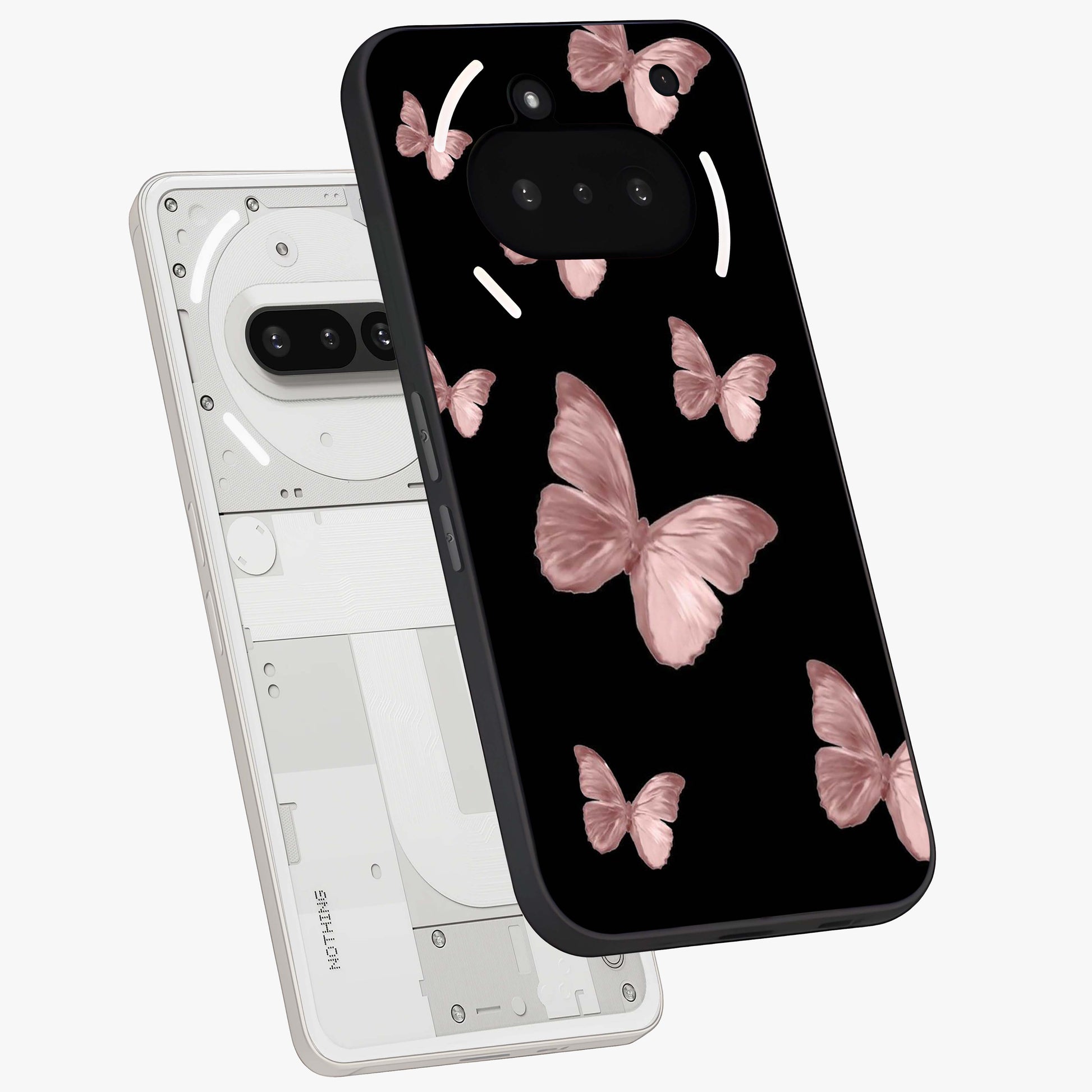 Butterfly Pattern Glass Case displayed in angled mockup highlighting delicate butterfly design and aesthetic pattern style.