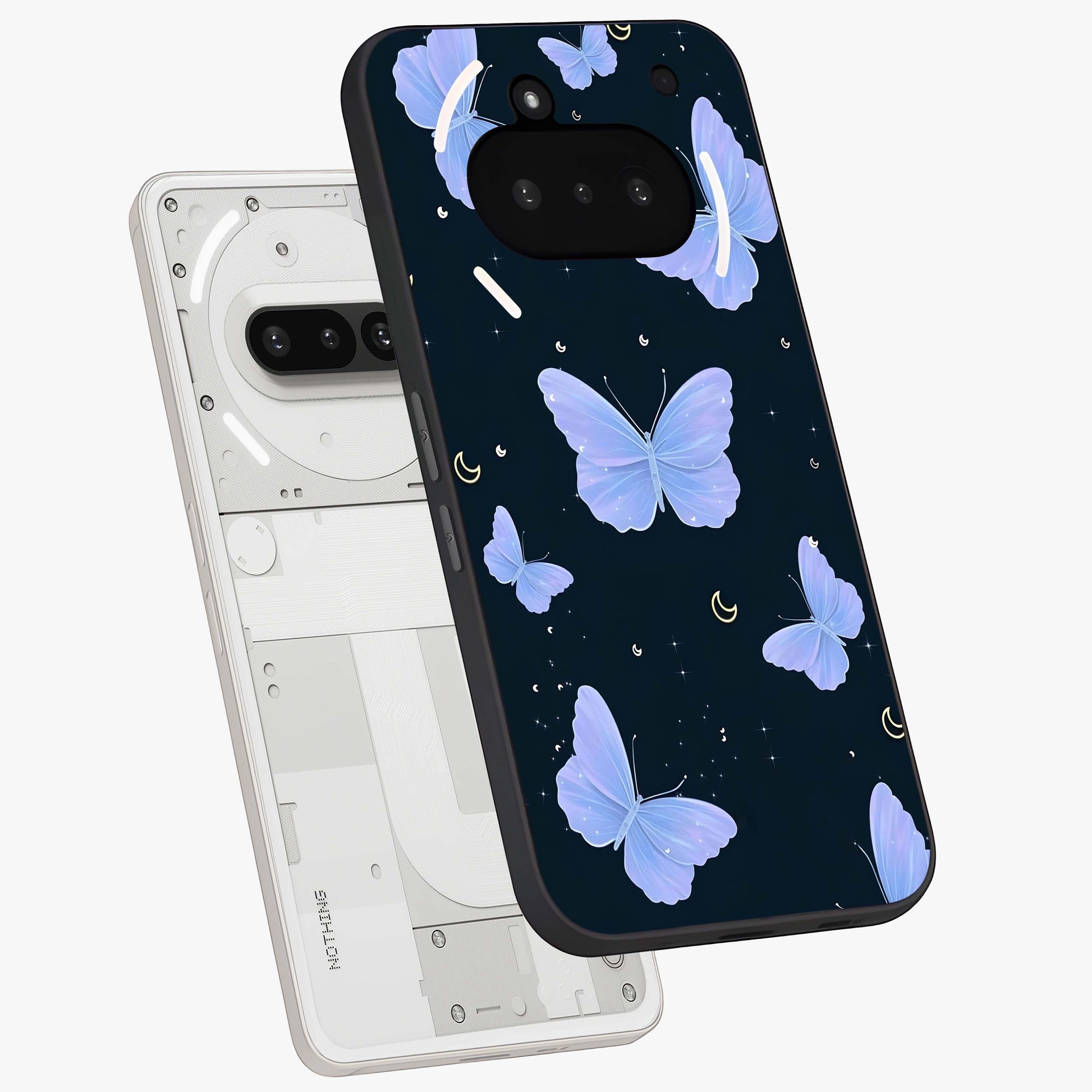 Butterfly With Stars Pattern Glass Case displayed in angled mockup highlighting dreamy butterfly and star design with aesthetic theme.