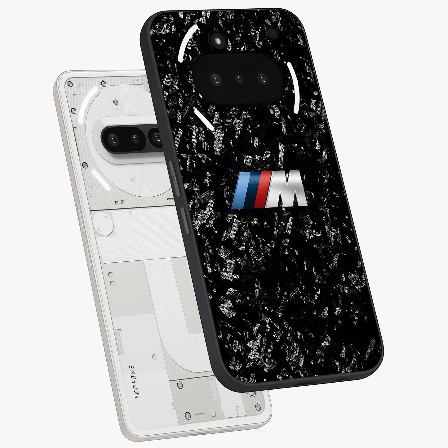 Carbon Speed Mark Glass Case displayed in angled mockup highlighting racing inspired carbon design and sleek aesthetic style.