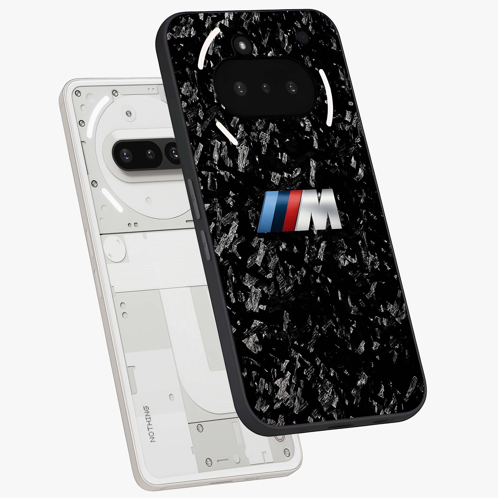 Carbon Speed Mark Glass Case displayed in angled mockup highlighting racing inspired carbon design and sleek aesthetic style.