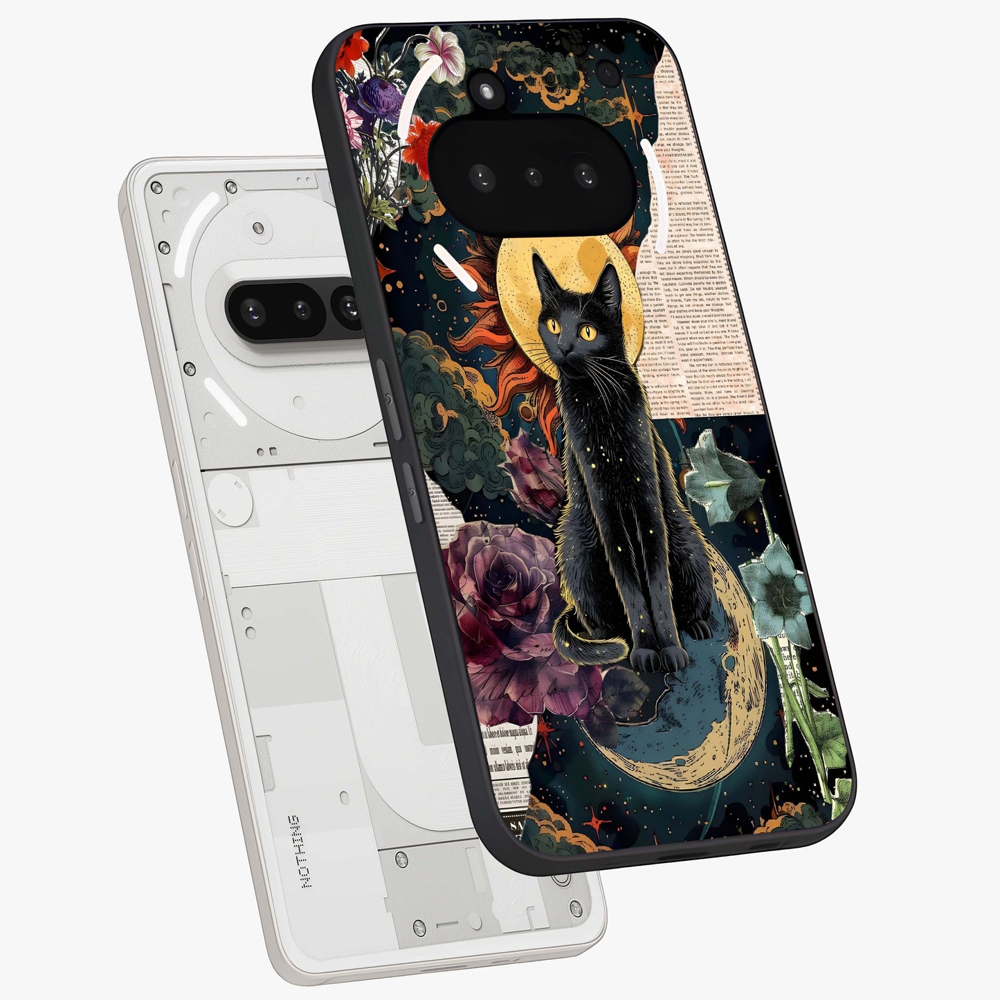 Celestial Black Cat Glass Case displayed in angled mockup highlighting cosmic black cat design with celestial aesthetic.