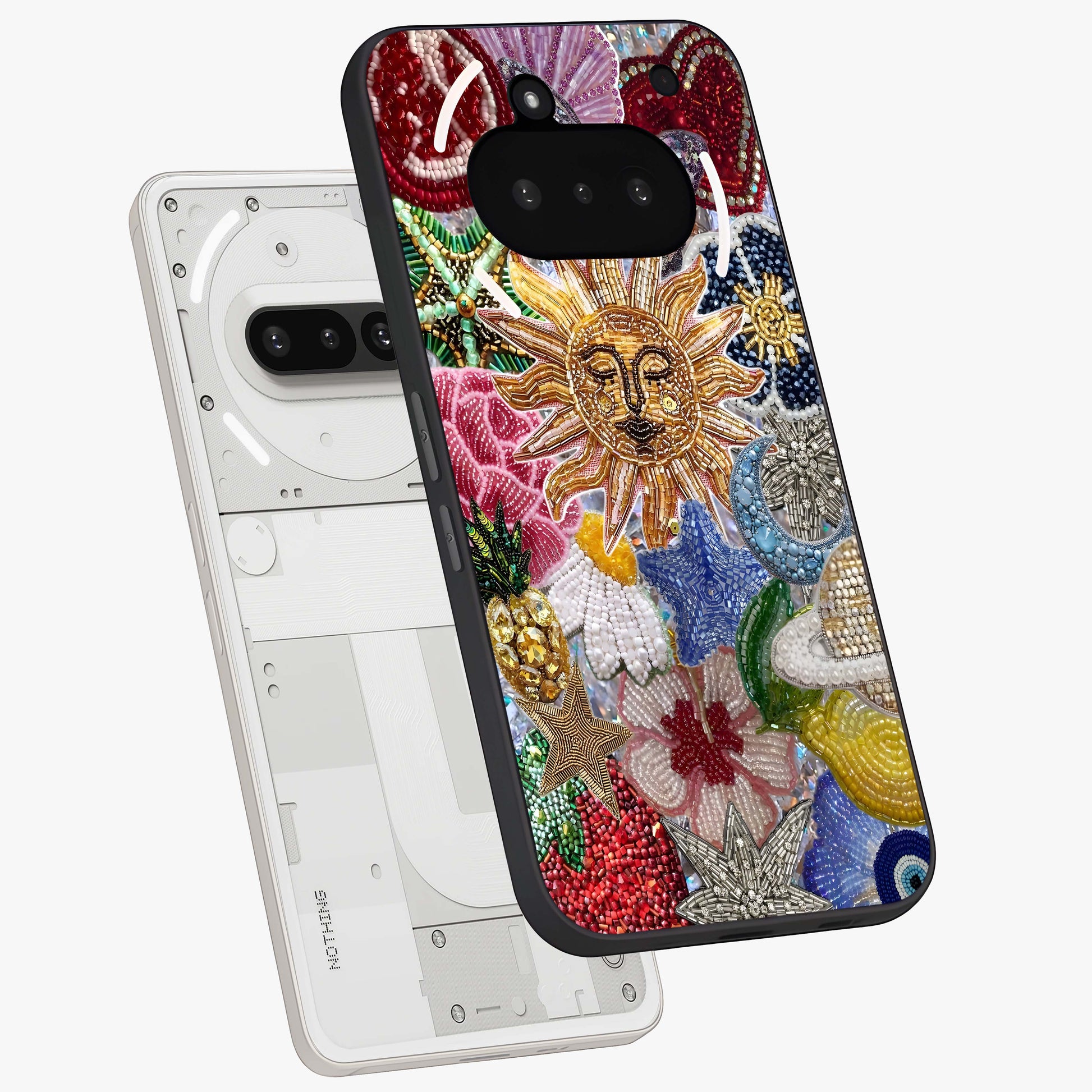 Celestial Floral and Playful Glass Case displayed in angled mockup highlighting playful floral design with dreamy celestial elements.