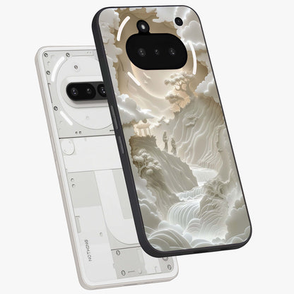 Celestial Origami Glass Case displayed in angled mockup highlighting geometric origami design with cosmic aesthetic theme.