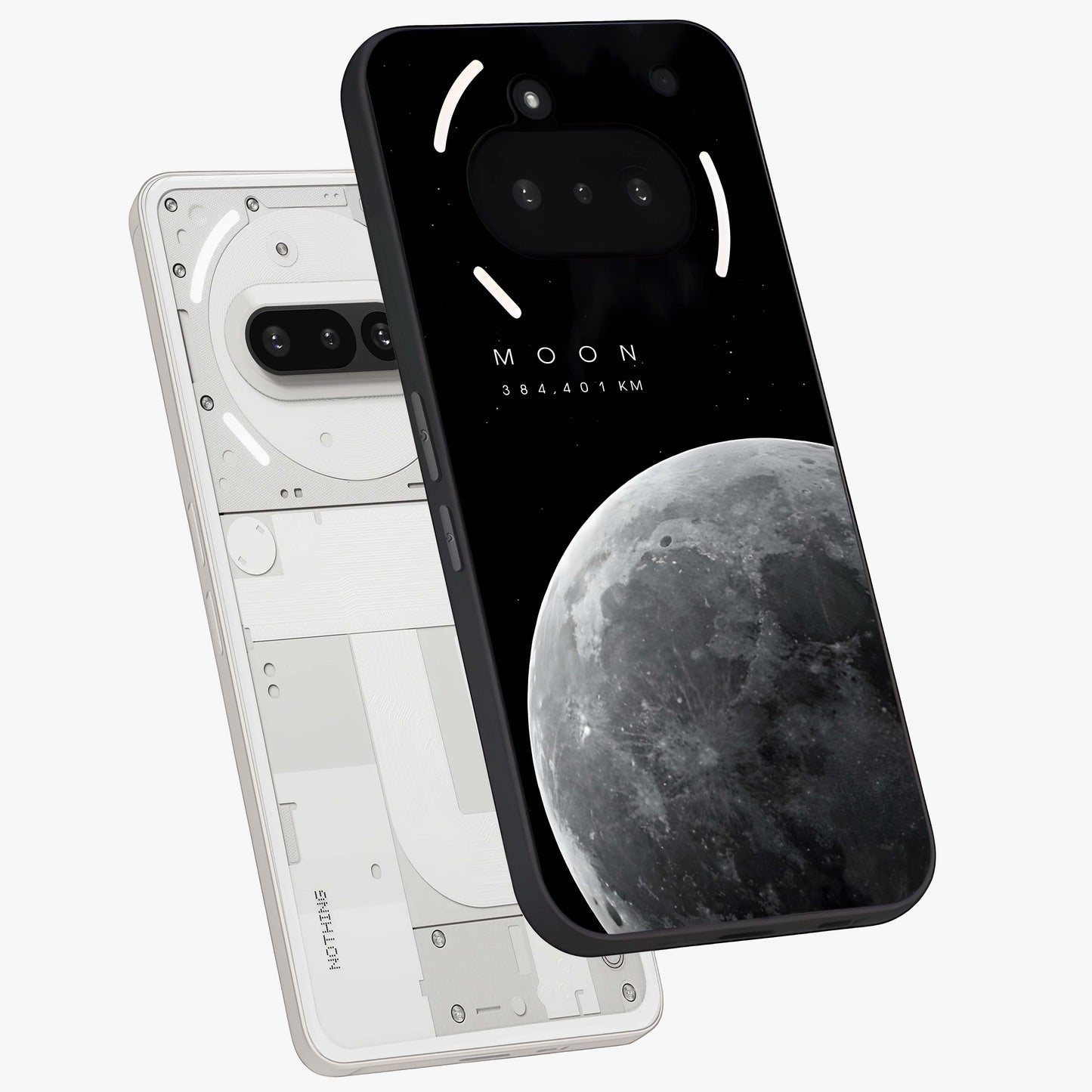 Cosmic Moon Glow Glass Case displayed in angled mockup highlighting celestial moon design with cosmic aesthetic theme.
