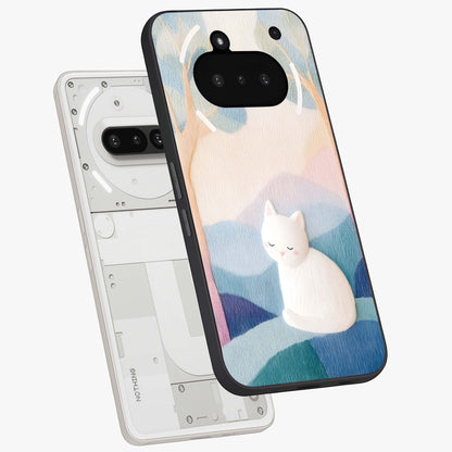 Cotton Dream Cat Glass Case displayed in angled mockup highlighting cute feline illustration with pastel aesthetic style.