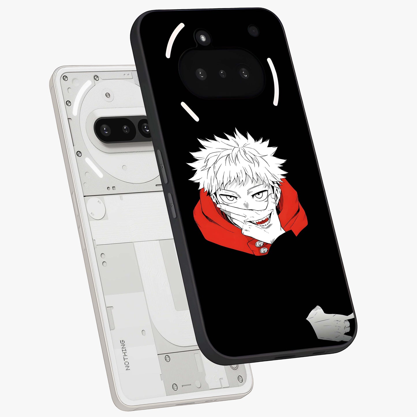 Crimson Chaos Smile Glass Case displayed in angled mockup highlighting edgy crimson smile design with graphic aesthetic.