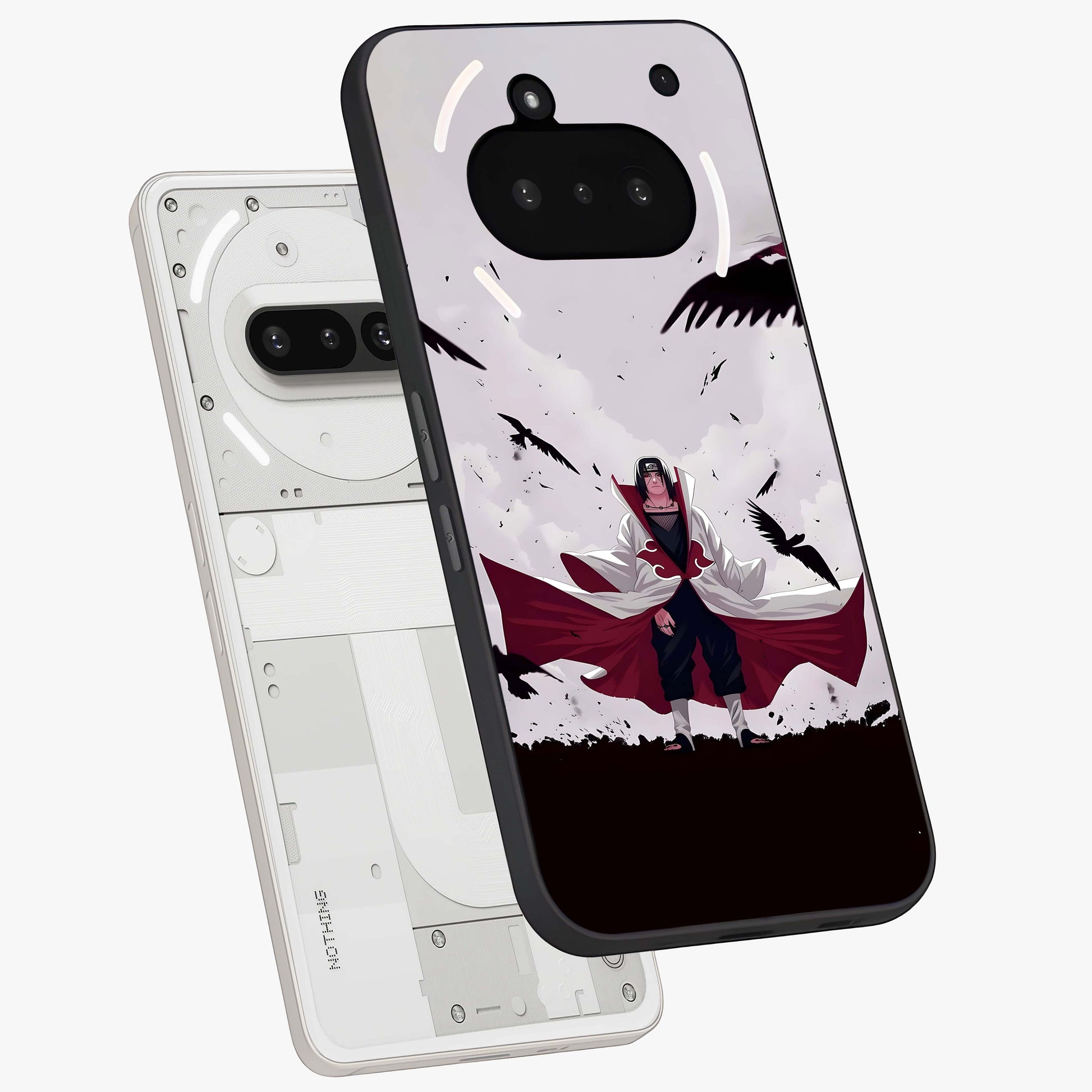 Crimson Crow Ascension Glass Case displayed in angled mockup highlighting powerful crow illustration with dark crimson aesthetic.